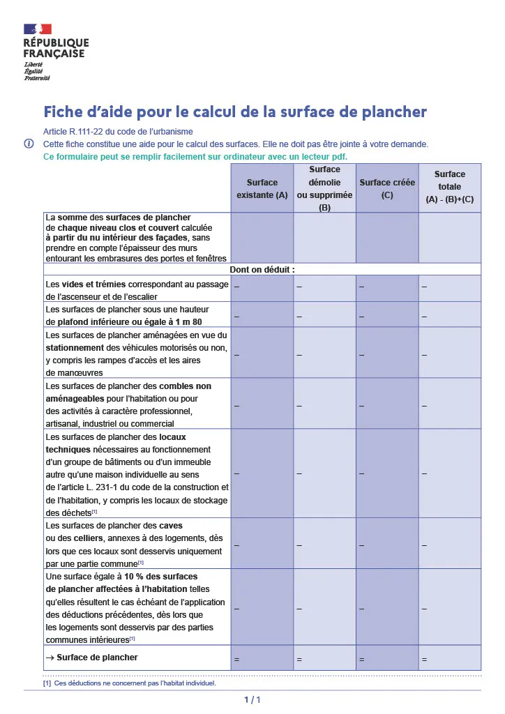 fiche d’aide pour le calcul de la surface de plancher pour votre déclaration préalable